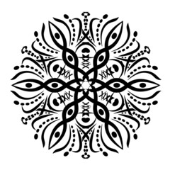 Monochrome circular geometric ornament. Round mandala for coloring book page. Template for printing on fabric.