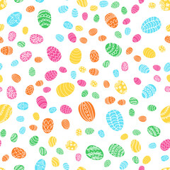 Seamless pattern Easter eggs in candy colors. Vector illustration, small pattern, chaotic order, size dynamics. Design for fabric, background, wrapping paper