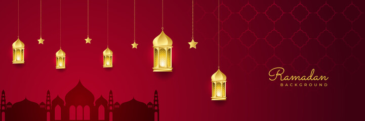 Stylish red golden mosque design islamic banner background