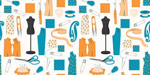 seamless pattern of illustrations on the theme of cutting and sewing. Illustrations of tools and patterns for tailors isolated on white background