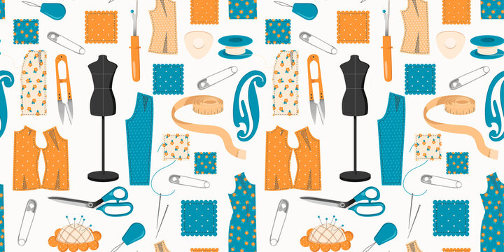 seamless pattern of illustrations on the theme of cutting and sewing. Illustrations of tools and patterns for tailors isolated on white background