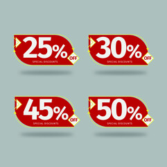 25% off, 30% off, 45%0ff and 50% off. Set of tag discounts. Banner with four red and yellow with special offers vector. Editable text. - obrazy, fototapety, plakaty