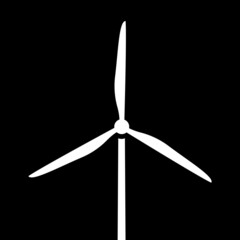 White silhouette of windmill / wind turbines isolated on black background. Simple wind turbine design.
