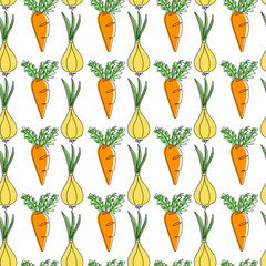 Onion and carrot seamless pattern on white background. Organicvegetable vector illustration. Endless repeatable print.