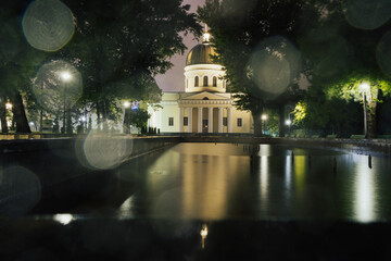 Main cathedral of the Moldovan Orthodox Church in Chisinau, Moldova in city center. Cathedral with columns in the rainy evening. 