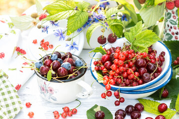 Freshly gathered juicy red currants, cherries, raspberries, blueberries in a white metal plate and cup in garden on sunny day close up, berries on a white wooden table background, harvest of berries 