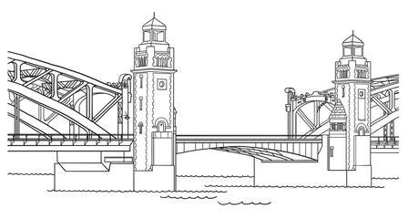 Obraz premium Bolsheokhtinsky Bridge across Neva river in Saint Petersburg Russia, line art architecture drawing, hand drawn sculpture illustration on white background