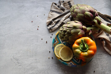 Fresh vegetables top view photo. Healthy dinner ingredients close up photo. Balanced diet concept. 