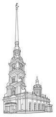 Saints Peter and Paul Cathedral in Saint Petersburg Russia, line art architecture drawing, hand drawn city scape illustration on white background
