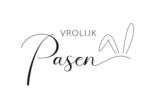 Dutch text Vrolijk Pasen. Happy Easter vector lettering with bunny ears. Isolated on white background