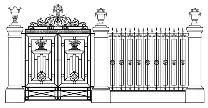 The railing and gates of Summer Garden in Saint Petersburg Russia, line art architecture drawing, hand drawn city scape illustration on white background