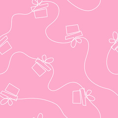 Gift box  seamless vector pattern. Continuous line drawing of gift on rose background. Package background. Vector illustration. 