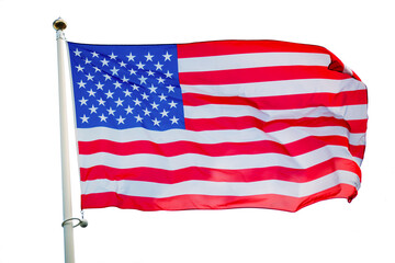 American US flag on a pole isolated on white background