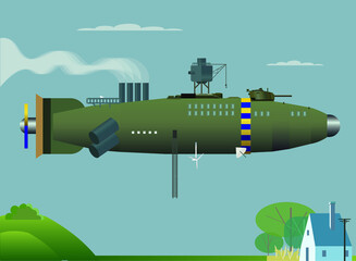Dieselpunk or steampunk military zeppelin floating above the european village, vector illustration © Mykola