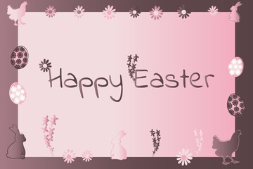 Easter card with the inscription Happy Easter, bunny, egg and flowers.