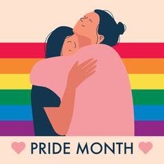 Lesbian couple hugging in flat style. LGBT flag background. Pride month