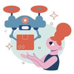 Vector flat cartoon illustration. Drones delivery man brought the package to the girl in the hands.