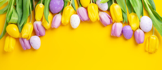 Spring floral banner with multicolored tulips on yellow background. Top view. Copy space