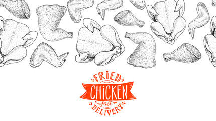Grilled and Fried chicken. Hand drawn sketch illustration. Grilled chicken meat top view frame. Vector illustration. Engraved design. Restaurant menu design template. © DiViArts