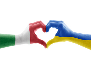 Two hands in the form of heart with Italian and Ukrainian flag isolated on white background