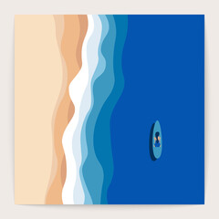 Ocean landscape square poster. Sea waves top view, seaside banner, beach shore aerial scene. Vector isolated card