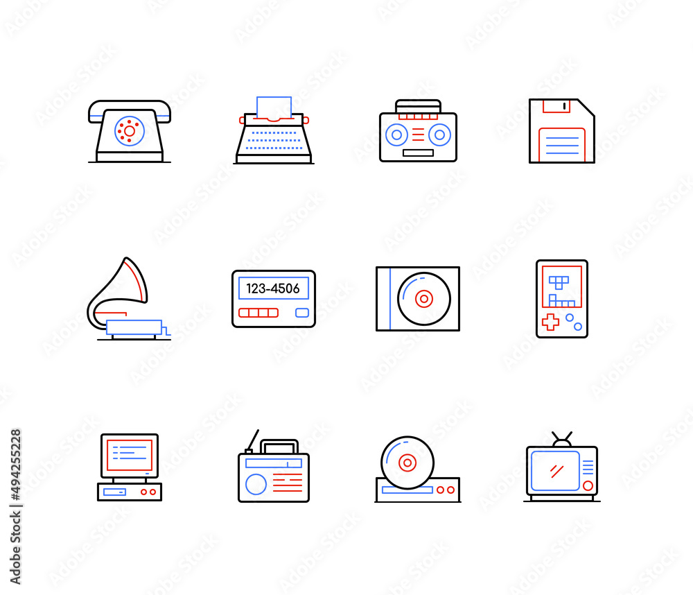 Poster retro technique and electronics - line design style icons
