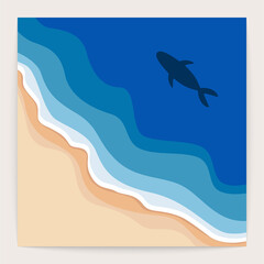 Abstract ocean landscape poster. Sea waves top view, seaside square banner, beach shore aerial scene. Vector card