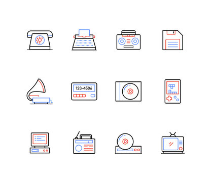 Retro technique and electronics - line design style icons