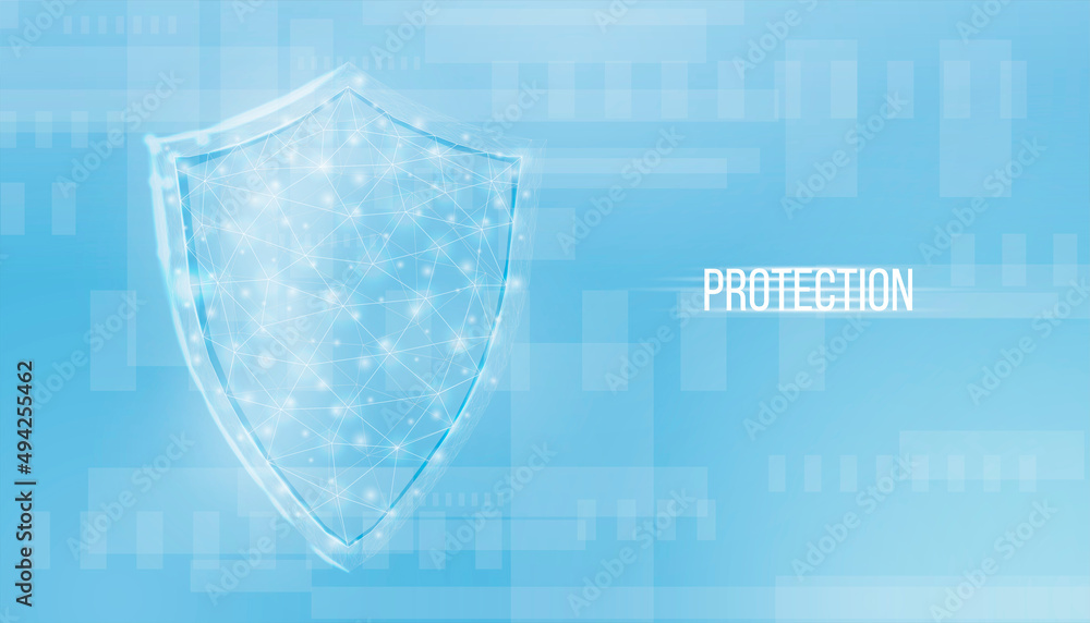 Poster guard shield. cyber security concept with glowing low poly shield on blue background. wireframe low 