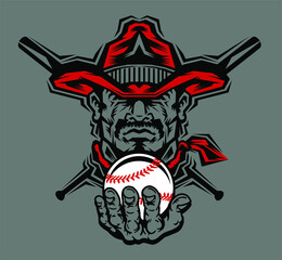 rugged cowboy mascot holding baseball with crossed bats for school, college or league