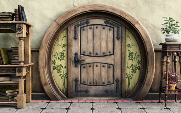 Fantasy tiny storybook style home interior cottage background with rustic accents and a large round cozy door. 3d rendering
