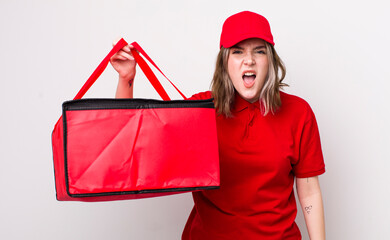 pretty caucasian woman shouting aggressively, looking very angry. pizza delivery concept