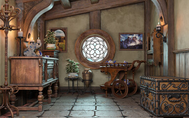 Fantasy tiny storybook style home interior cottage room background with rustic accents and a small round window. 3d rendering  © Digital Storm
