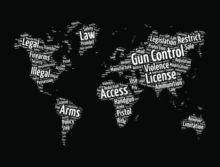 Fototapeta na wymiar Gun control word cloud in shape of world map, concept background