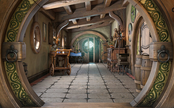 Fantasy tiny storybook style home interior cottage hallway background with rustic accents and a large round entrance. 3d rendering
