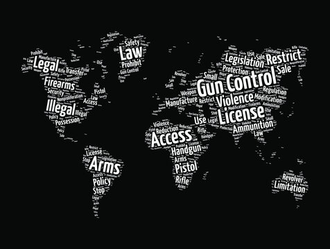 Gun control word cloud in shape of world map, concept background