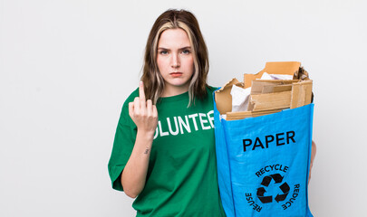 pretty caucasian woman feeling angry, annoyed, rebellious and aggressive. ecology concept