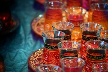 Ethnic moroccan tea service with glasses and tray