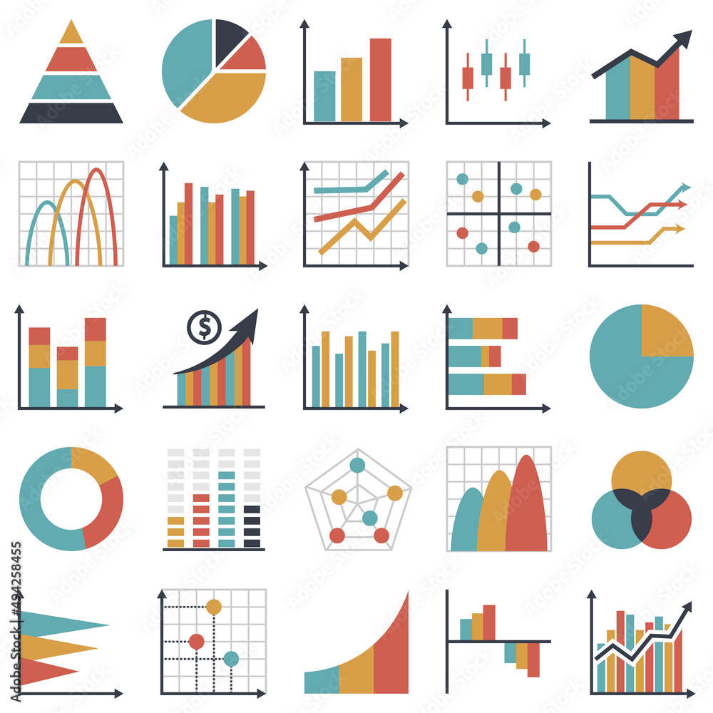 Poster set of business graph icon, flat object statistics finance presentation, report element symbol vecto