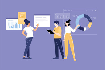 People concept. Vector illustration of team management, data analysis, planning, business report for graphic and web design, business presentation and marketing material.