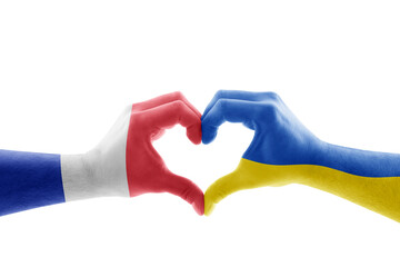 Two hands in the form of heart with French and Ukrainian flag isolated on white background