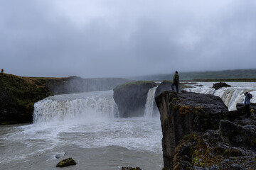 Beautifulaerial view of the massive Godafoss waterfall in Iceland, la waterfall of the gods -Goðafoss