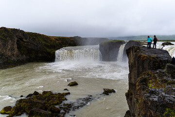 Beautifulaerial view of the massive Godafoss waterfall in Iceland, la waterfall of the gods -Goðafoss
