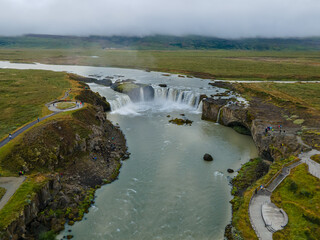 Beautifulaerial view of the massive Godafoss waterfall in Iceland, la waterfall of the gods -Goðafoss