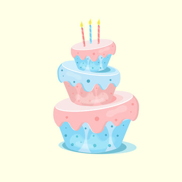 Festive cartoon blue and pink cake with a candle