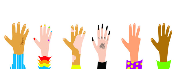 Vector illustration - six multi-racial diverse raised hands on a white background isolated. Concept rights of communities