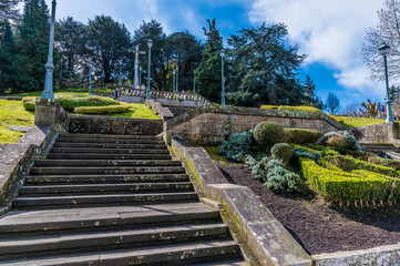 A view up the steps leading to the Castro castle in Vigo, Spain on a spring day