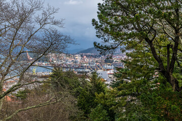 A view from the Castro castle towards the port in Vigo, Spain on a spring day