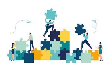 Teamwork character puzzle idea. Team metaphor. people connecting puzzle elements. Vector illustration flat design style. Symbol of teamwork, cooperation, partnership vector - obrazy, fototapety, plakaty