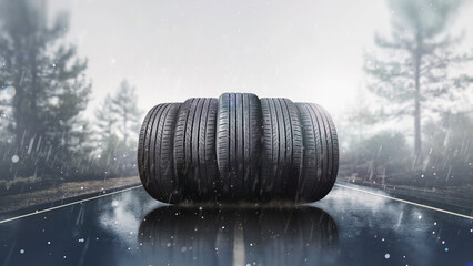 Car tires on a rainy road - driving a car safety concept.